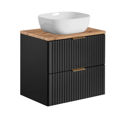 The cabinet with a sink is black, the tabletop is oak Votan, 60 cm